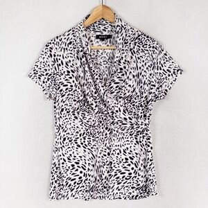 DKNY Top Womens Large White Black Leopard Print Wrap Style Stretch Office Chic